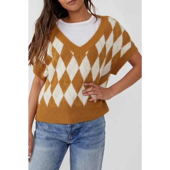 Free People Through the Motions Sweater Vest Retro Boxy Brown Cream M - Picture 13 of 13